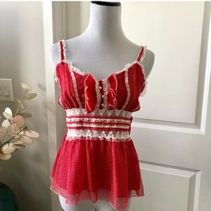 Red ruffle and lace trim camisole